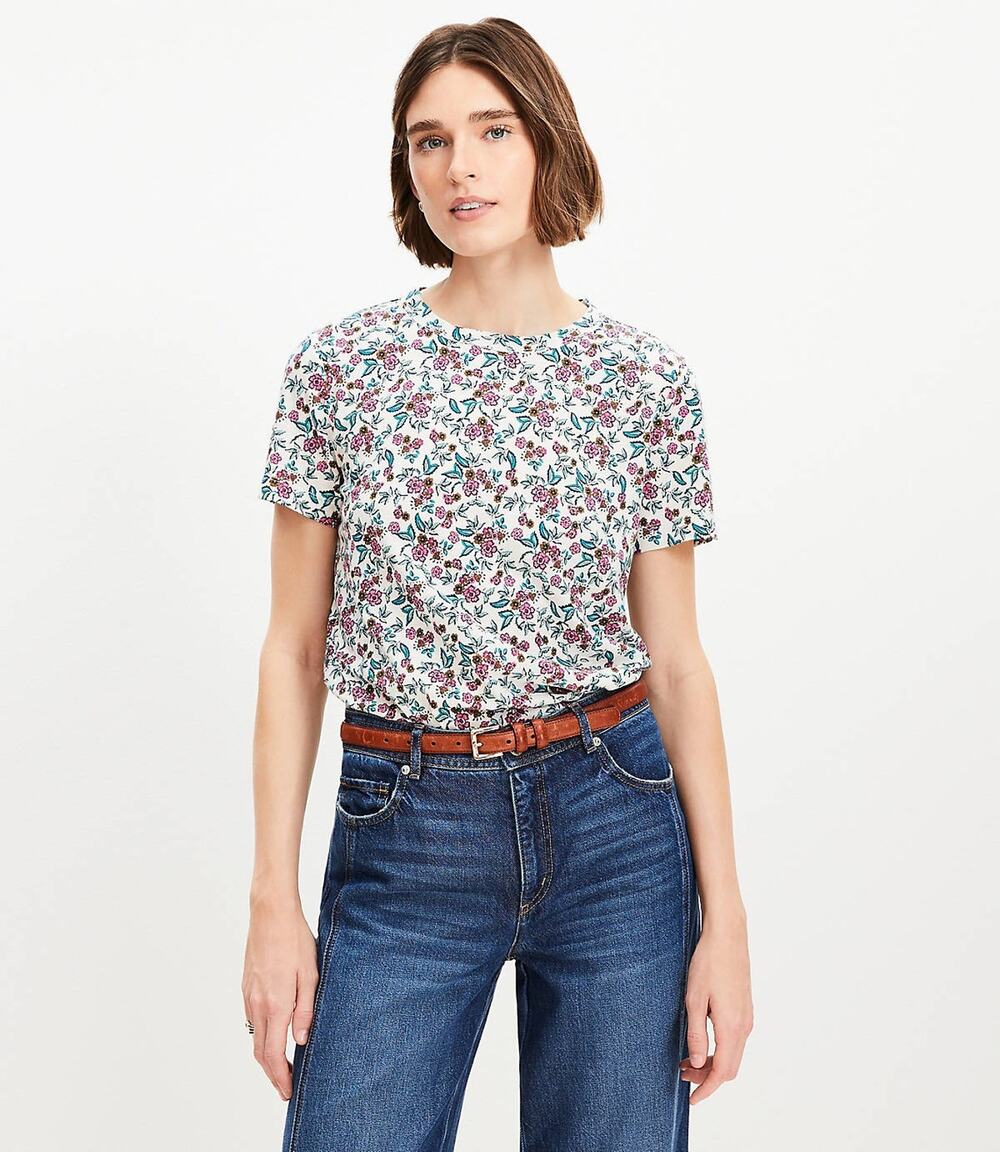 Ann Taylor LOFT T-Shirt Medium Floral Everyday Crew Tee Top 100% Cotton